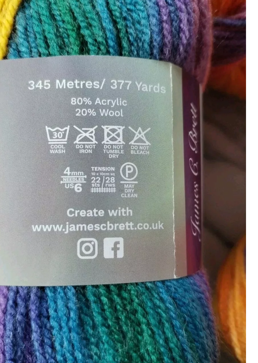 James C Brett Aurora DK Yarn Self Stripe 5 Balls x 100g Knitting Yarn / Wool 80 Acrylic 20% Wool Multicolour Multi-tonal Knitting Yarn shade AU 01