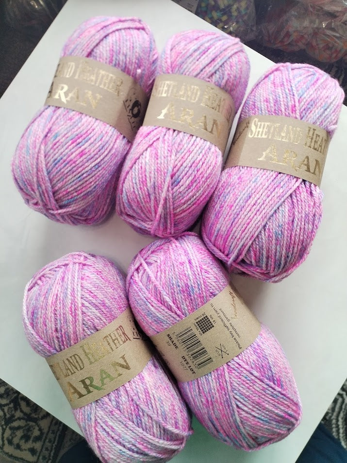 Woolcraft Shetland Heather Aran Knitting Crochet Yarn Wool - 5x100g Balls - 39 Orchid Twist