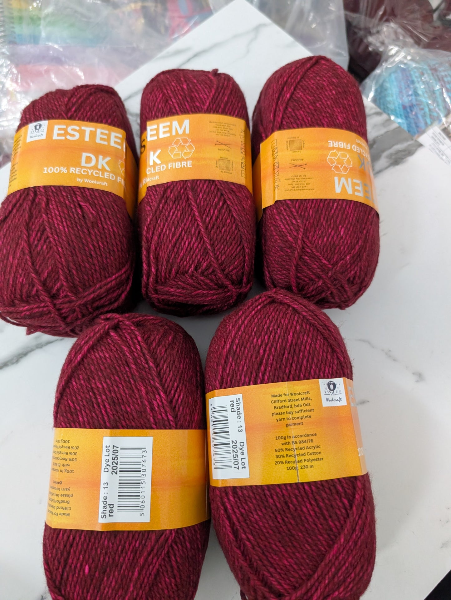 Woolcraft Esteem DK Knitting Crochet Yarn- 5 Balls x 100g 50% Recycled Acrylic, 30% Recycled Cotton, 20% Recycled Polyester shade Red