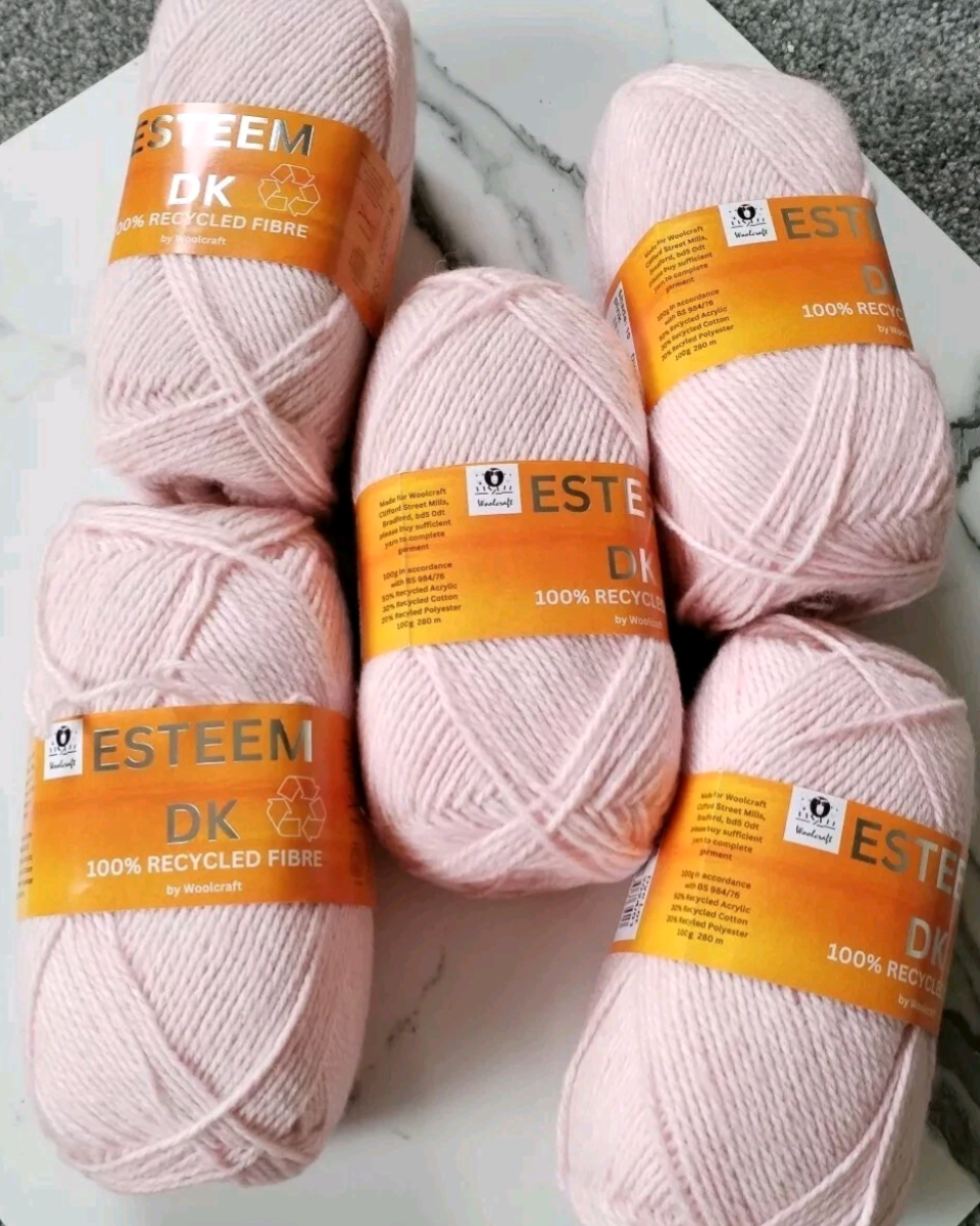 Woolcraft Esteem DK Knitting Crochet Yarn- 5 Balls x 100g 50% Recycled Acrylic, 30% Recycled Cotton, 20% Recycled Polyester shade Pink