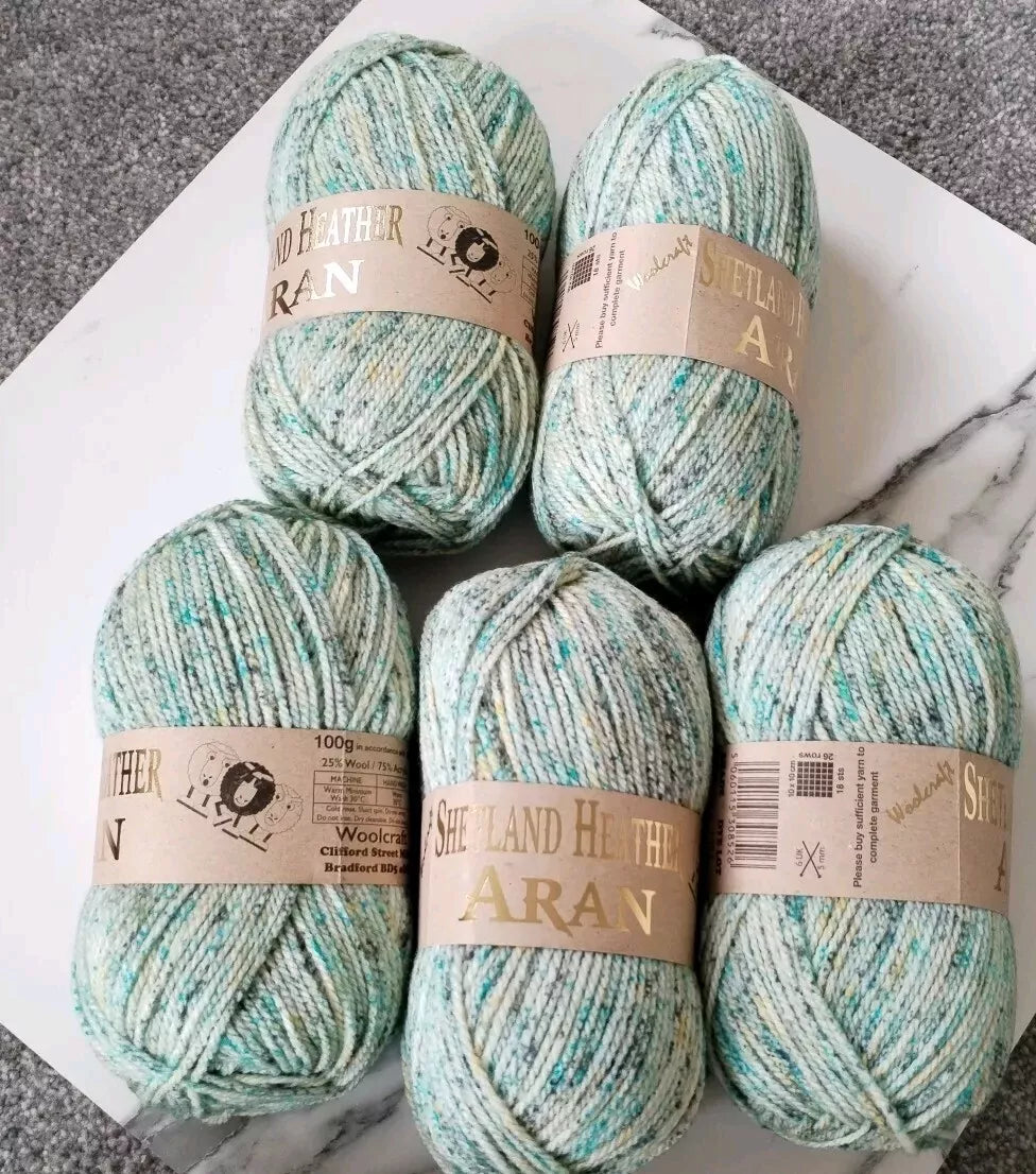 Woolcraft Shetland Heather Aran Knitting Crochet Yarn Wool - 5x100g Balls - 26