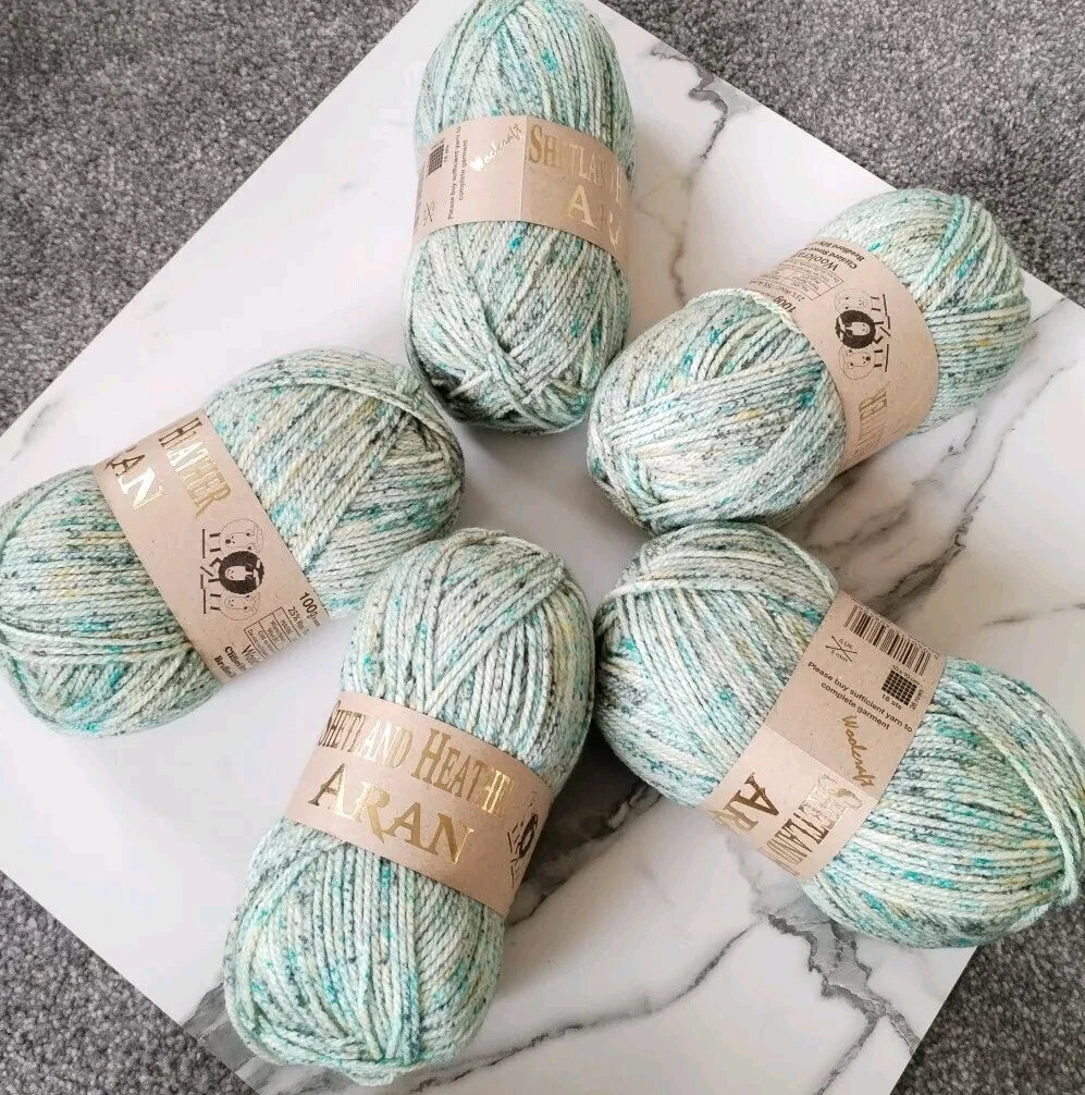 Woolcraft Shetland Heather Aran Knitting Crochet Yarn Wool - 5x100g Balls - 26