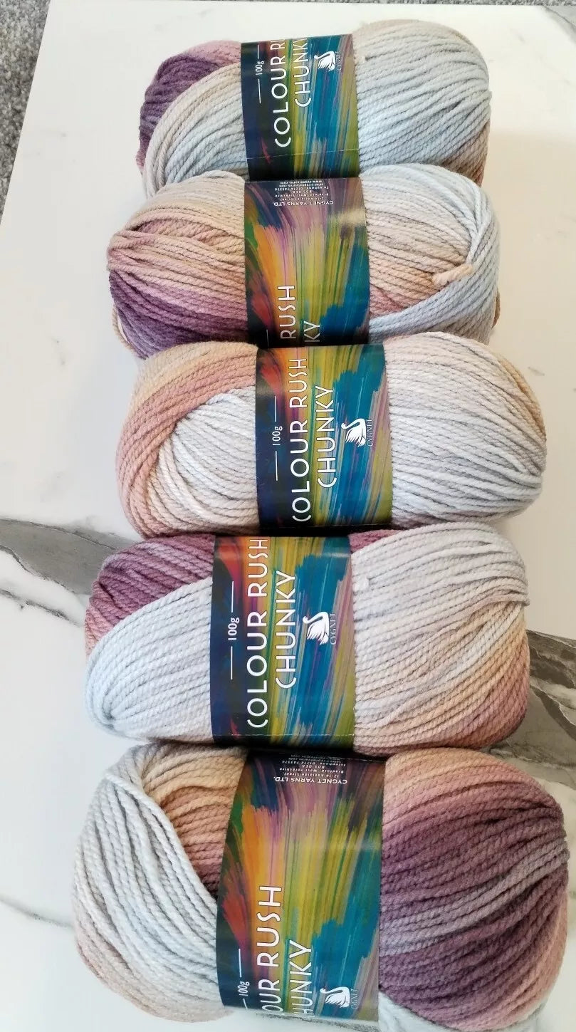 Cygnet Yarn COLOUR RUSH CHUNKY 100% Acrylic Knitting Wool Multicolour 5 Balls x 100g shade 310 April Showers
