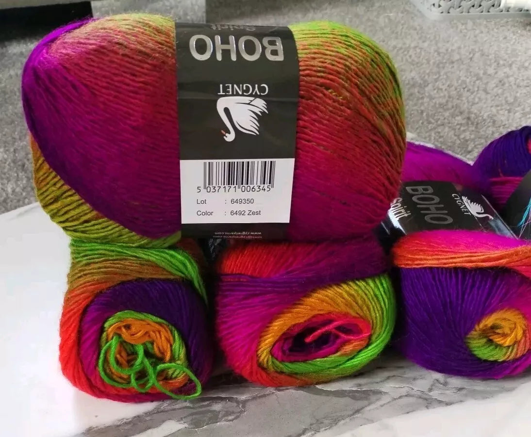 Cygnet Boho Spirit Knitting Crochet Yarn Wool - 5x100g Balls - 6492 Zest