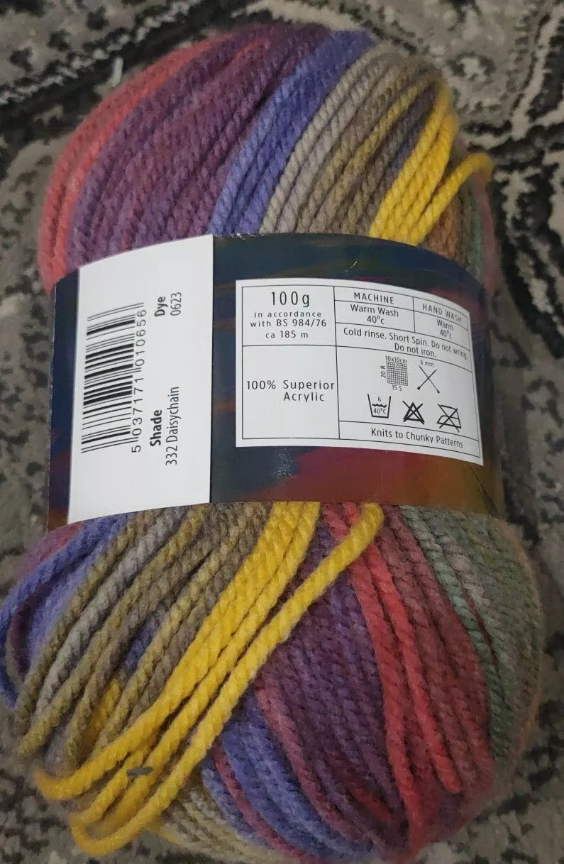 Cygnet Yarn COLOUR RUSH CHUNKY 100% Acrylic Knitting Wool Multicolour 5Balls x100g 332 Daisychain