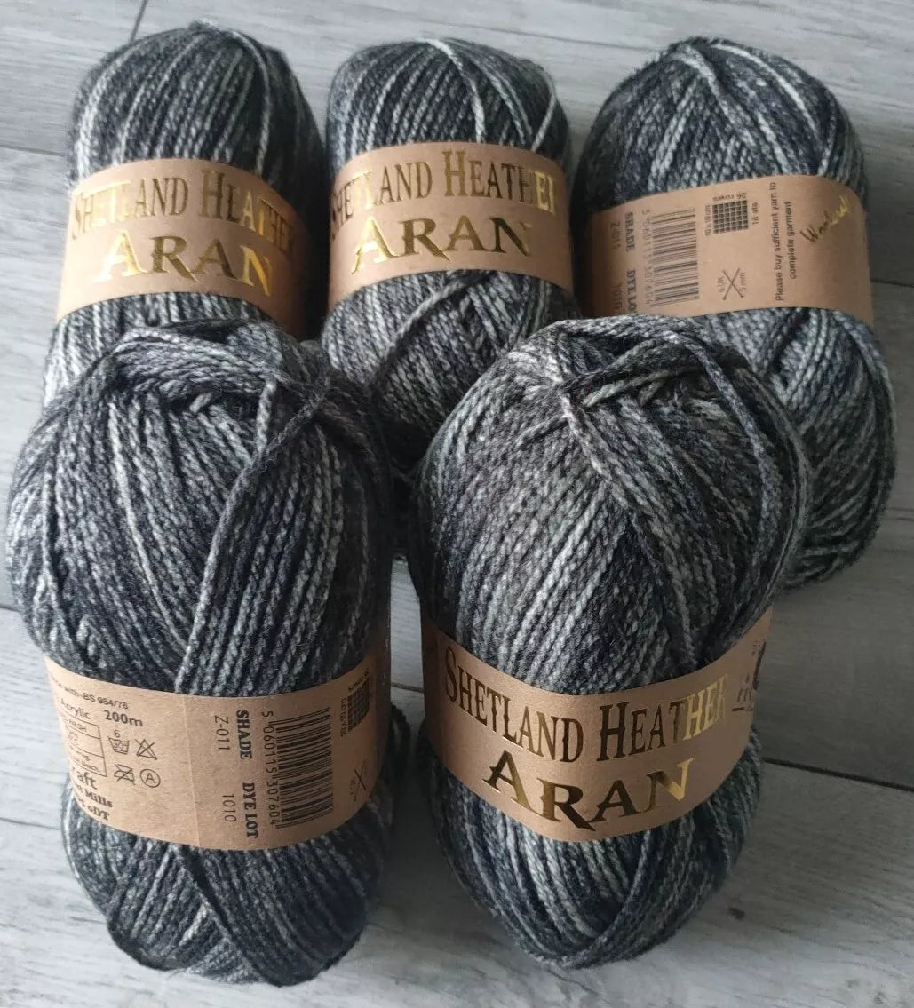 Woolcraft Shetland Heather Aran Knitting Crochet Yarn Wool - 5x100g Balls - Z011