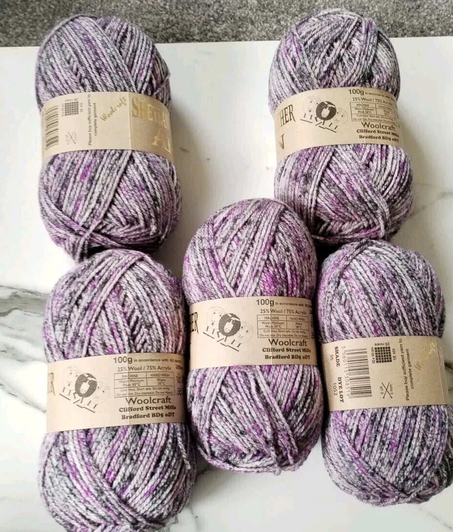 Woolcraft Shetland Heather Aran Knitting Crochet Yarn Wool - 5x100g Balls shade 36