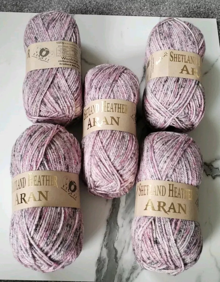 Woolcraft Shetland Heather Aran Knitting Crochet Yarn Wool - 5x100g Balls - 32
