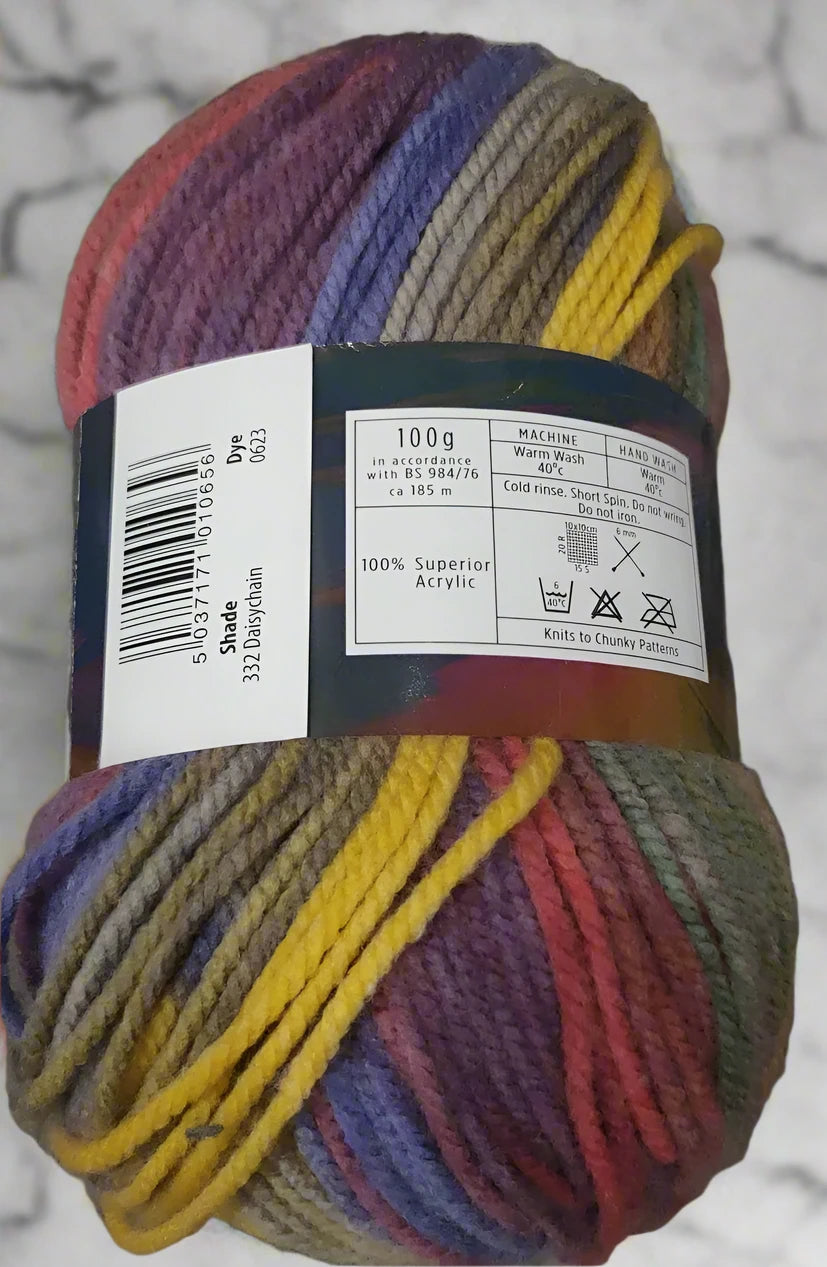 Cygnet Yarn COLOUR RUSH CHUNKY 100% Acrylic Knitting Wool Multicolour 5Balls x100g 332 Daisychain