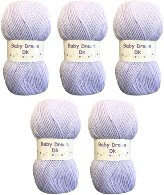 WoolCraft Baby Dream DK Knitting & Crochet Yarn, Beautifully Soft Baby Yarn Available in 9 Pastel Shades, 100% Acrylic, 300 Metres, 100g Balls, Pack of 5, Lilac