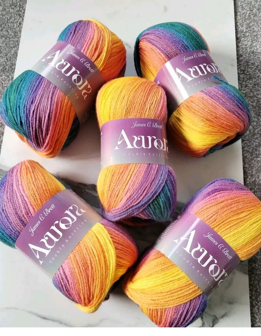 James C Brett Aurora DK Yarn Self Stripe 5 Balls x 100g Knitting Yarn / Wool 80 Acrylic 20% Wool  Multicolour Multi-tonal Knitting Yarn shade AU 01