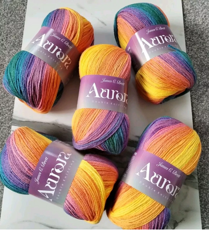 James C Brett Aurora DK Yarn Self Stripe 5 Balls x 100g Knitting Yarn / Wool 80 Acrylic 20% Wool  Multicolour Multi-tonal Knitting Yarn shade AU 01