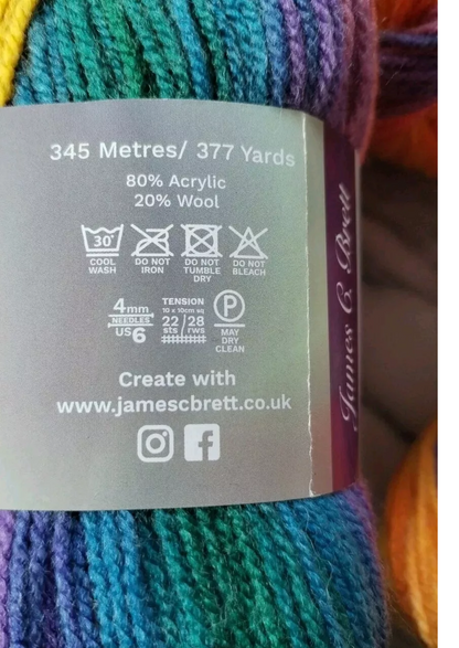 James C Brett Aurora DK Yarn Self Stripe 5 Balls x 100g Knitting Yarn / Wool 80 Acrylic 20% Wool  Multicolour Multi-tonal Knitting Yarn shade AU 01