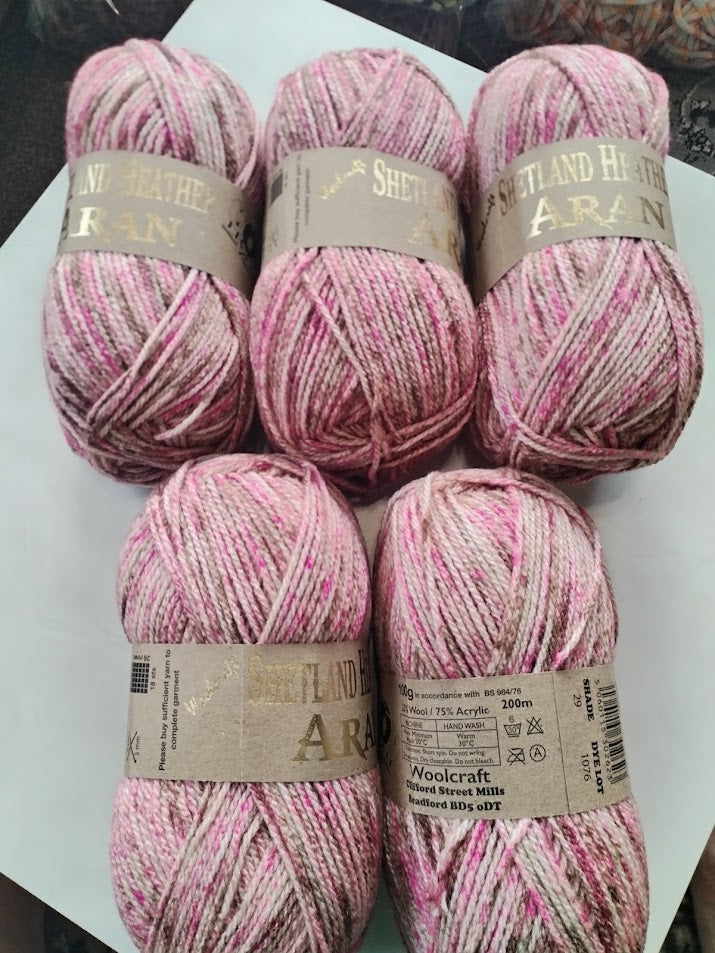 Woolcraft Shetland Heather Aran Knitting Crochet Yarn Wool - 5x100g Balls - 29 Brandy Rose