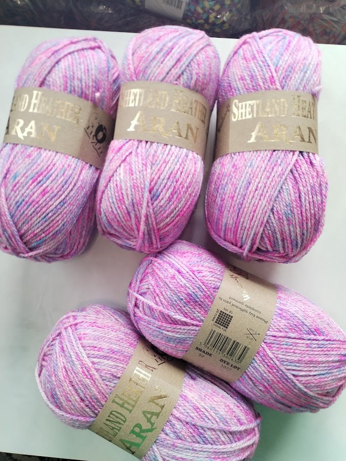 Woolcraft Shetland Heather Aran Knitting Crochet Yarn Wool - 5x100g Balls - 39 Orchid Twist