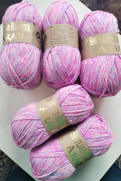 Woolcraft Shetland Heather Aran Knitting Crochet Yarn Wool - 5x100g Balls - 39 Orchid Twist