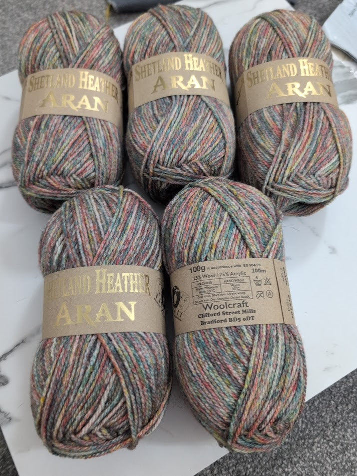 Woolcraft Shetland Heather Aran Knitting Crochet Yarn Wool - 5x100g Balls - 04