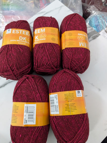 Woolcraft Esteem DK Knitting Crochet Yarn- 5 Balls x 100g 50% Recycled Acrylic, 30% Recycled Cotton, 20% Recycled Polyester shade Red
