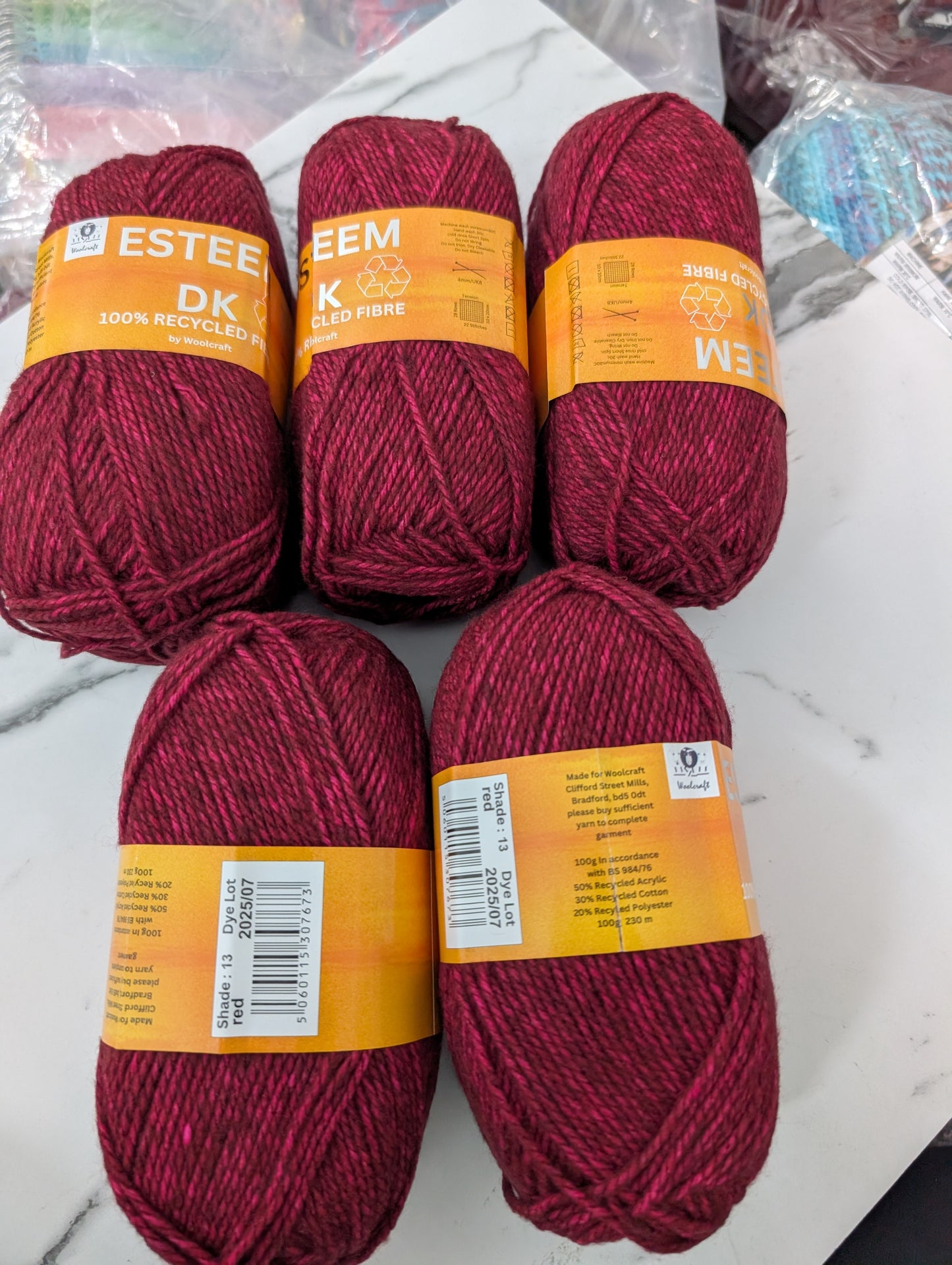 Woolcraft Esteem DK Knitting Crochet Yarn- 5 Balls x 100g 50% Recycled Acrylic, 30% Recycled Cotton, 20% Recycled Polyester shade Red