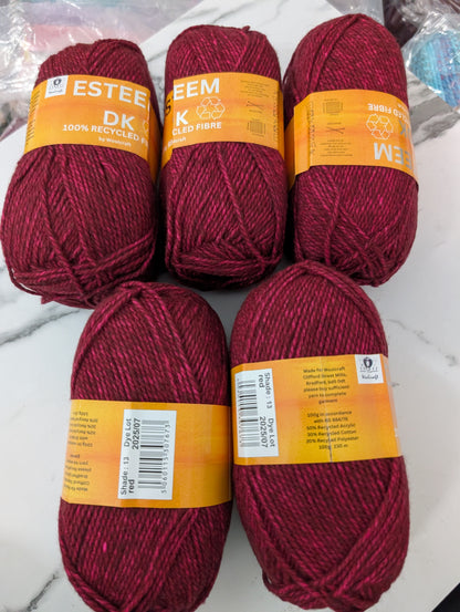 Woolcraft Esteem DK Knitting Crochet Yarn- 5 Balls x 100g 50% Recycled Acrylic, 30% Recycled Cotton, 20% Recycled Polyester shade Red