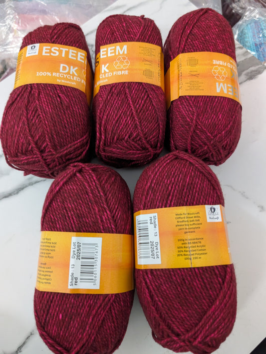 Woolcraft Esteem DK Knitting Crochet Yarn- 5 Balls x 100g 50% Recycled Acrylic, 30% Recycled Cotton, 20% Recycled Polyester shade Red