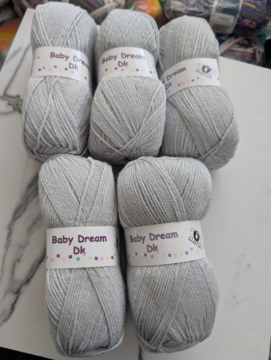 WoolCraft Baby Dream DK Knitting & Crochet Yarn, Beautifully Soft Baby Yarn Available in 9 Pastel Shades, 100% Acrylic, 300 Metres, 100g Balls, Pack of 5, Silver