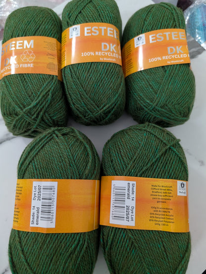 Woolcraft Esteem DK Knitting Crochet Yarn- 5 Balls x 100g 50% Recycled Acrylic, 30% Recycled Cotton, 20% Recycled Polyester shade Emerald