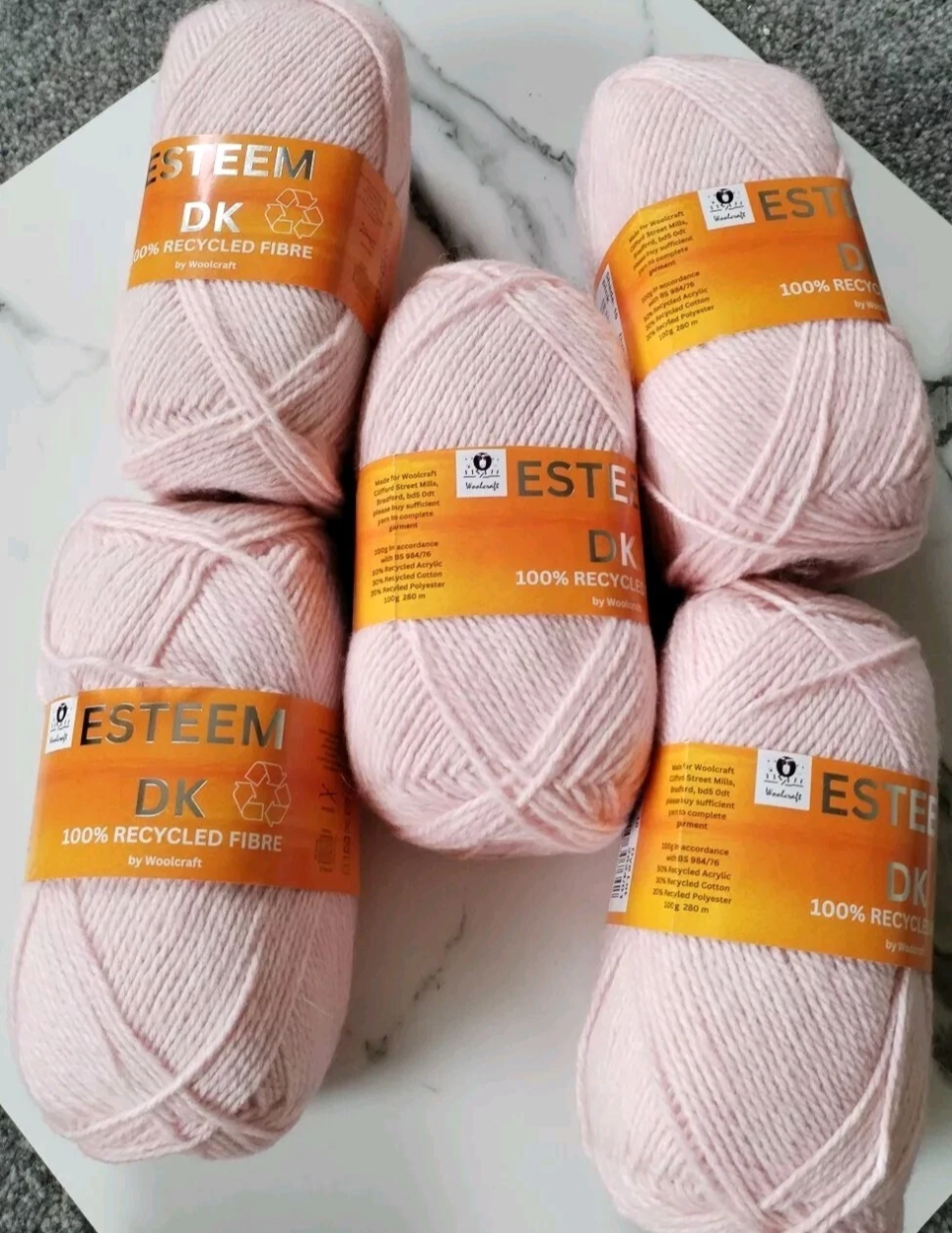 Woolcraft Esteem DK Knitting Crochet Yarn- 5 Balls x 100g 50% Recycled Acrylic, 30% Recycled Cotton, 20% Recycled Polyester shade Pink