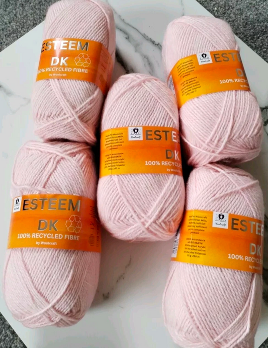 Woolcraft Esteem DK Knitting Crochet Yarn- 5 Balls x 100g 50% Recycled Acrylic, 30% Recycled Cotton, 20% Recycled Polyester shade Pink