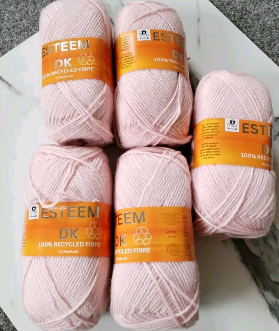 Woolcraft Esteem DK Knitting Crochet Yarn- 5 Balls x 100g 50% Recycled Acrylic, 30% Recycled Cotton, 20% Recycled Polyester shade Pink