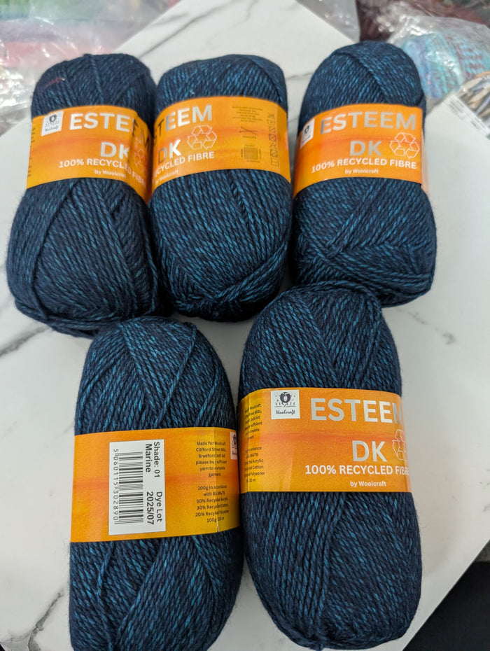 Woolcraft Esteem DK Knitting Crochet Yarn- 5 Balls x 100g 50% Recycled Acrylic, 30% Recycled Cotton, 20% Recycled Polyester shade Marine
