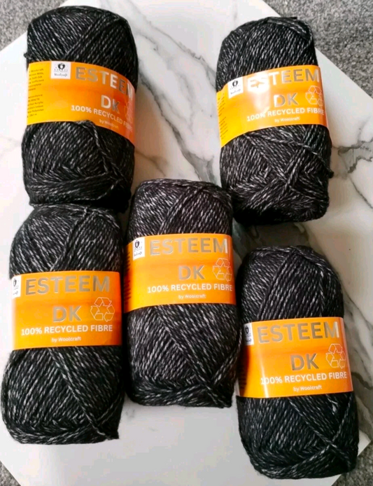 Woolcraft Esteem DK Knitting Crochet Yarn- 5 Balls x 100g 50% Recycled Acrylic, 30% Recycled Cotton, 20% Recycled Polyester shade Black