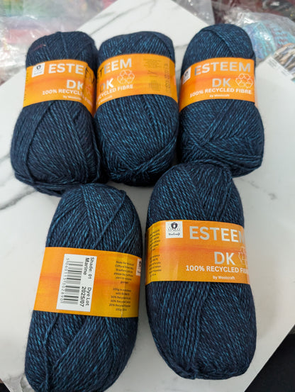 Woolcraft Esteem DK Knitting Crochet Yarn- 5 Balls x 100g 50% Recycled Acrylic, 30% Recycled Cotton, 20% Recycled Polyester shade Marine