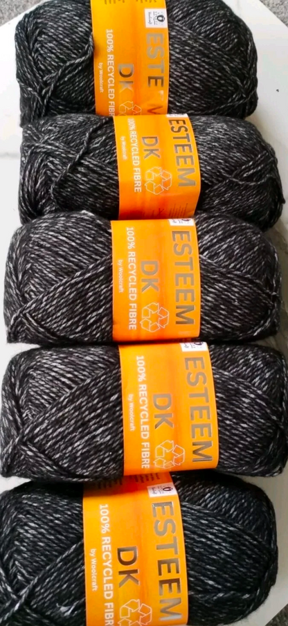 Woolcraft Esteem DK Knitting Crochet Yarn- 5 Balls x 100g 50% Recycled Acrylic, 30% Recycled Cotton, 20% Recycled Polyester shade Black