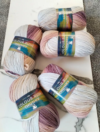 Cygnet Yarn COLOUR RUSH CHUNKY 100% Acrylic Knitting Wool Multicolour 5 Balls x 100g shade 310 April Showers