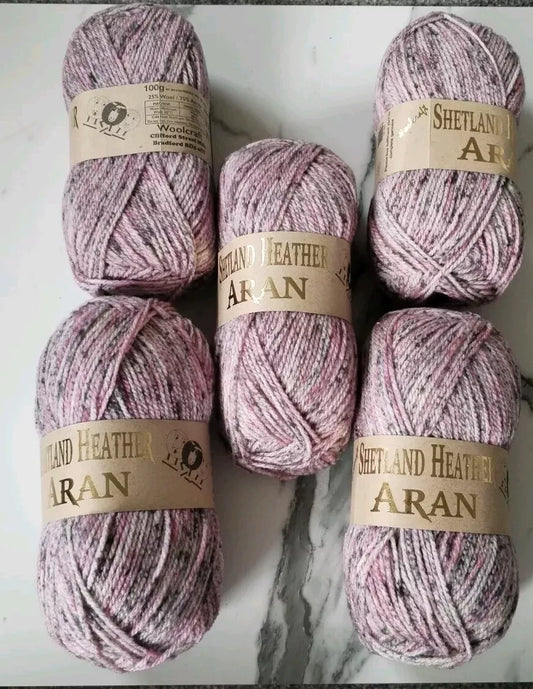 Woolcraft Shetland Heather Aran Knitting Crochet Yarn Wool - 5x100g Balls - 32