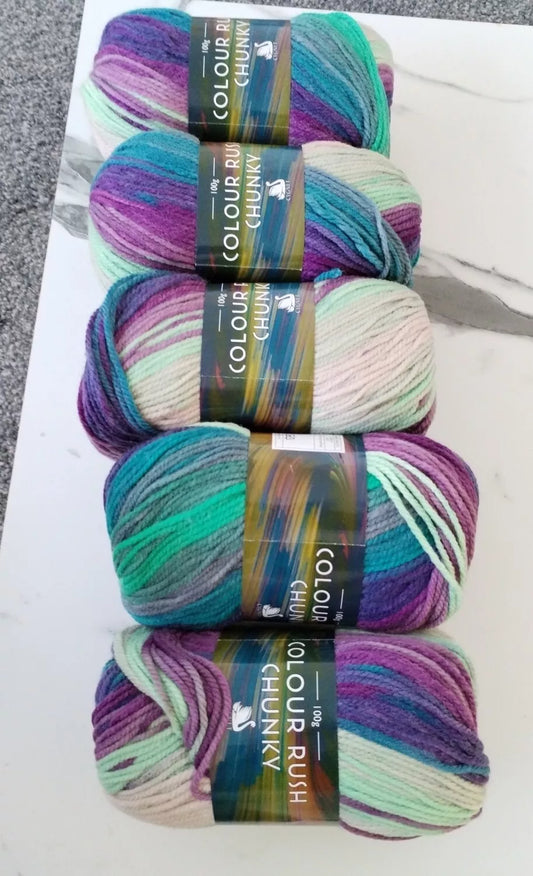 Cygnet Yarn COLOUR RUSH CHUNKY 100% Acrylic Knitting Wool Multicolour 5 Ballsx 100g Shade 365 Frosticle