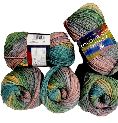Cygnet Yarn COLOUR RUSH CHUNKY 100% Acrylic Knitting Wool Multicolour 5 Balls x100g Shade 398 Mossy Meadow